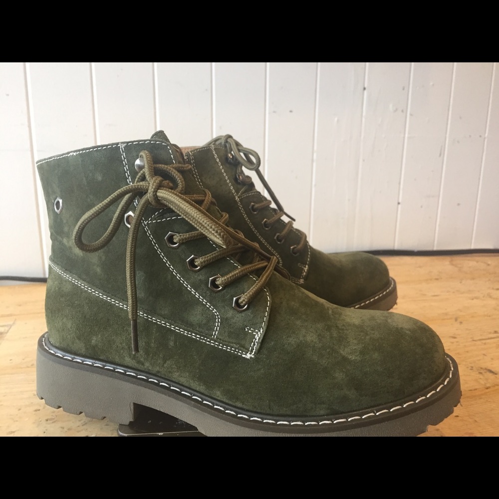 Olive Green Suede Lace-up Boho Booties